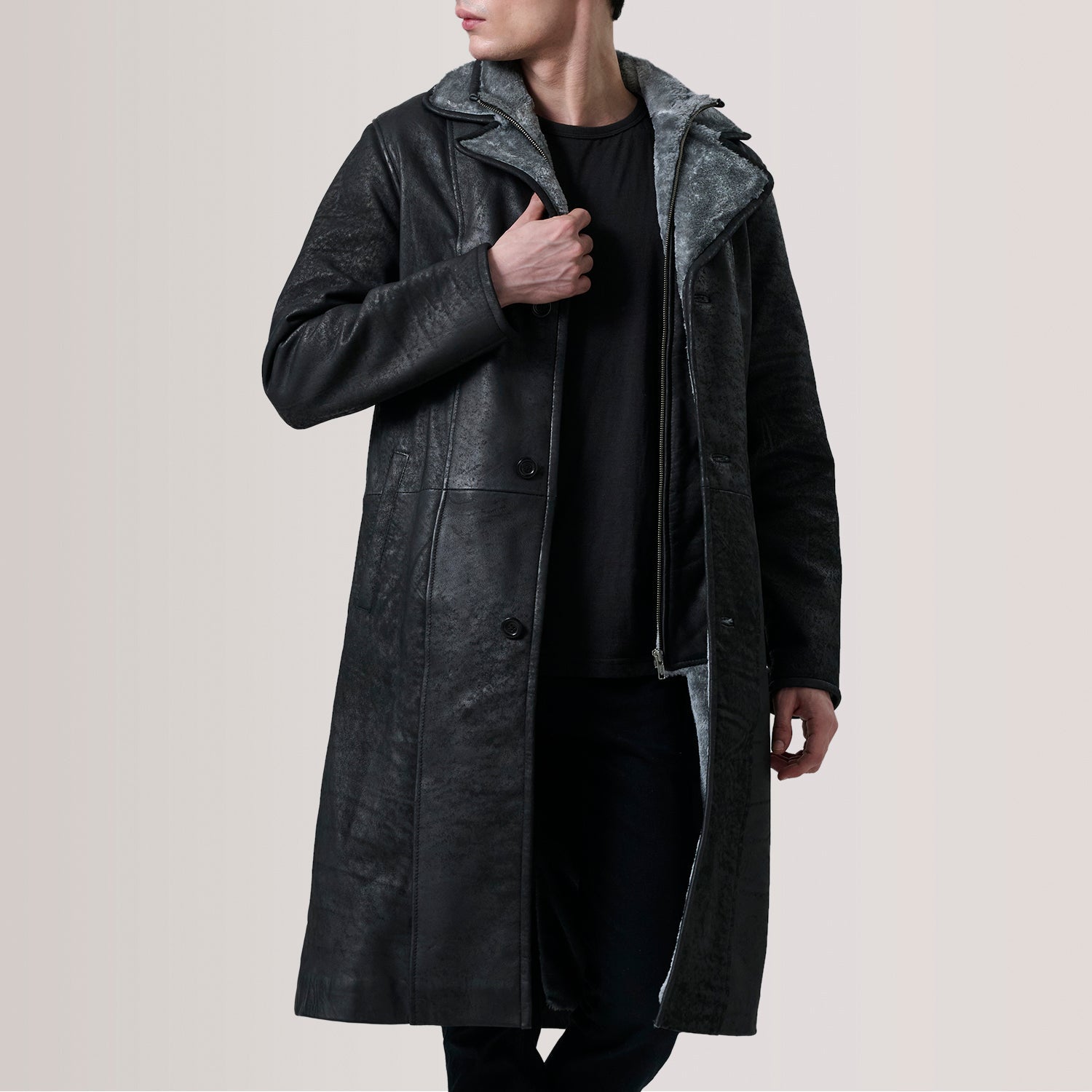 Sowachi Cai Distressed Black Leather Shearling Coat