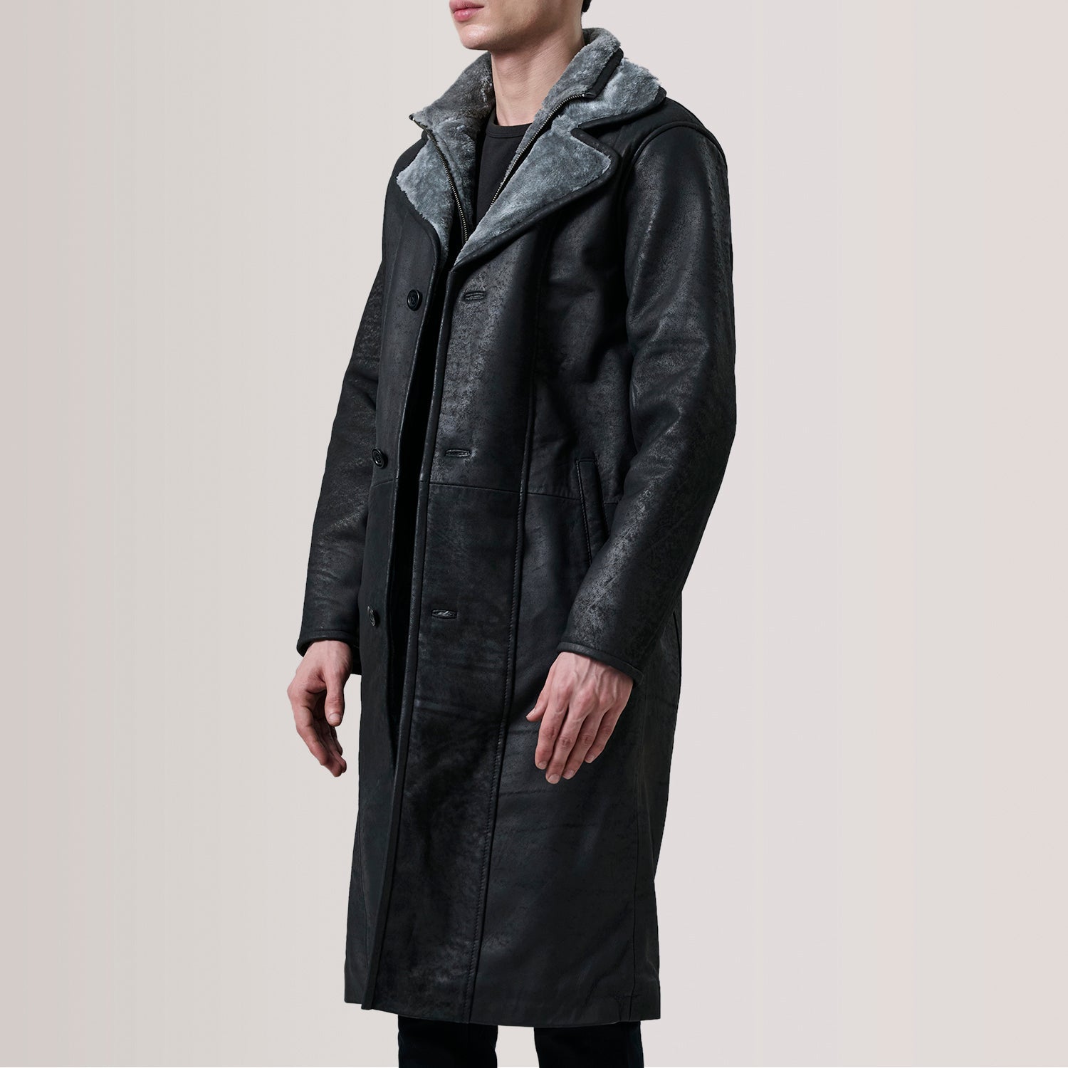 Sowachi Cai Distressed Black Leather Shearling Coat