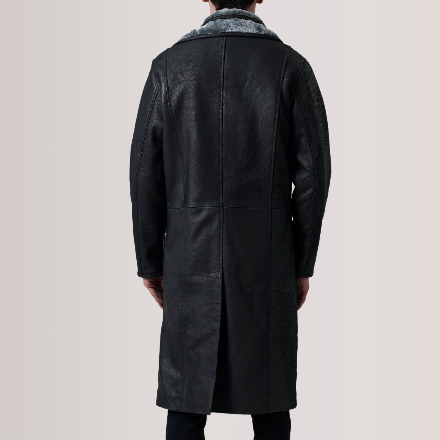 Sowachi Cai Distressed Black Leather Shearling Coat