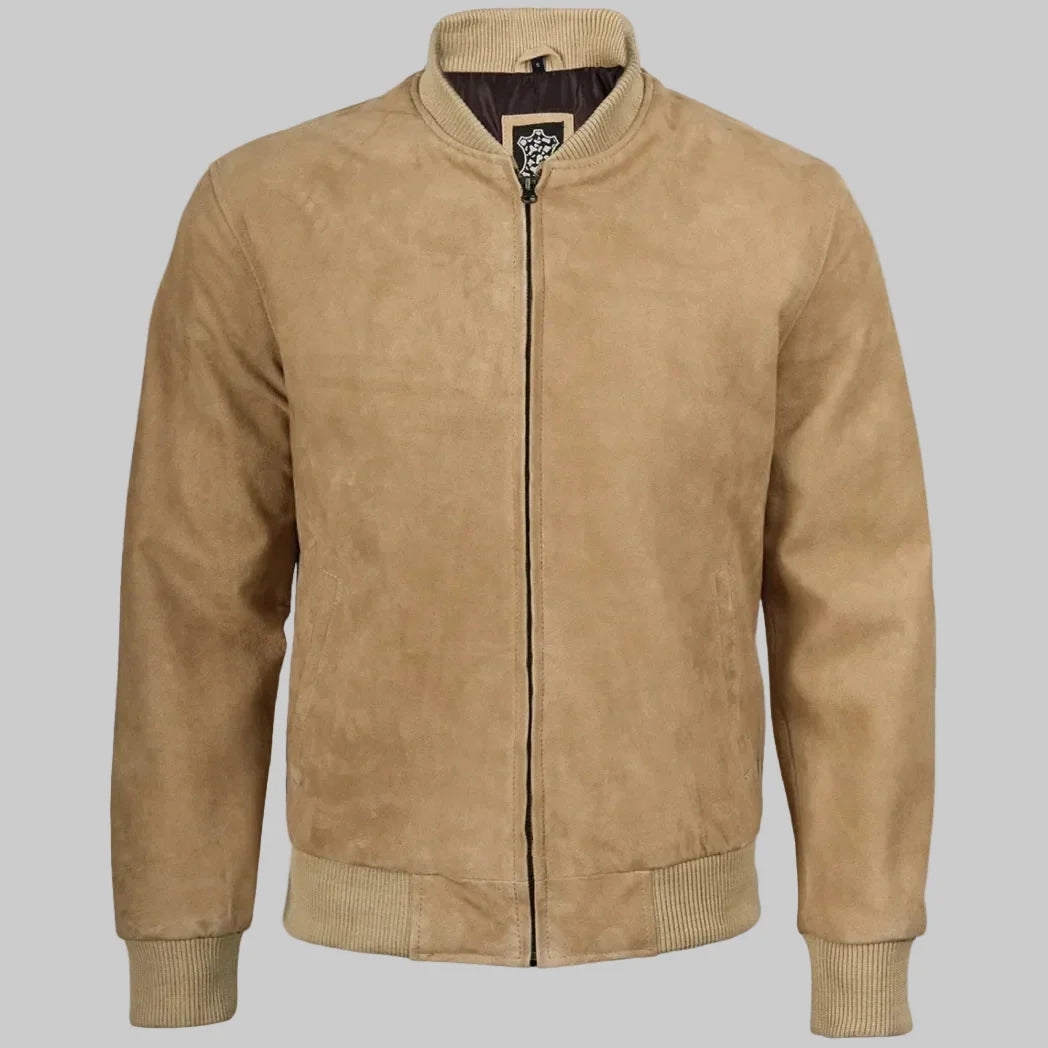 Sowachi Men's Camel Brown Real Suede Leather Bomber Jacket