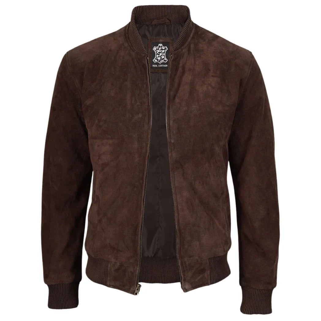 Sowachi Men's Dark Brown Suede Leather Bomber Jacket
