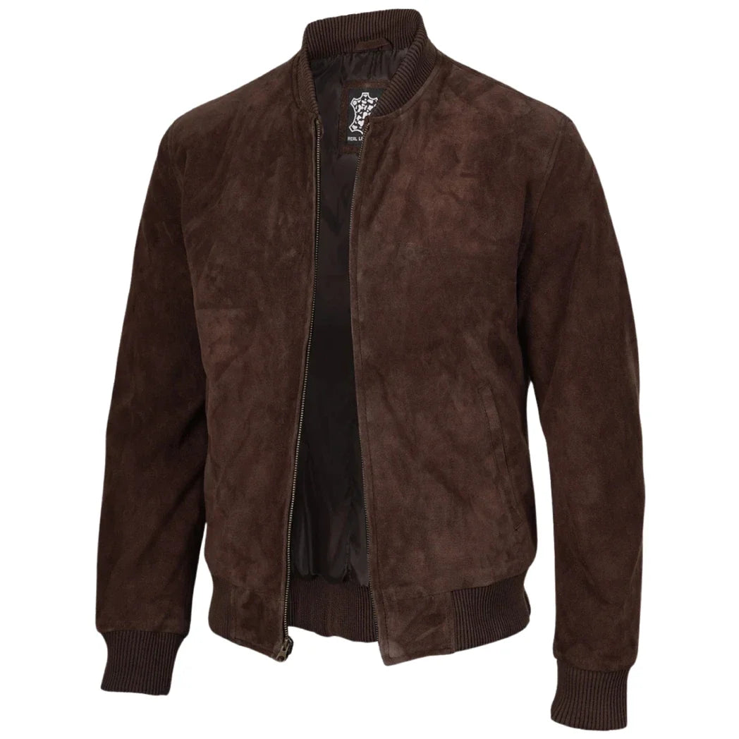Sowachi Men's Dark Brown Suede Leather Bomber Jacket
