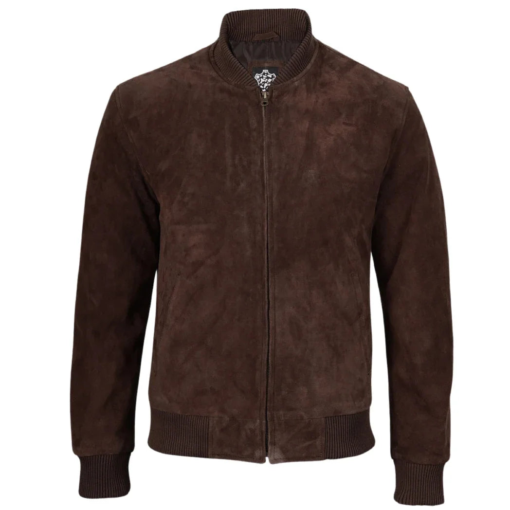 Sowachi Men's Dark Brown Suede Leather Bomber Jacket