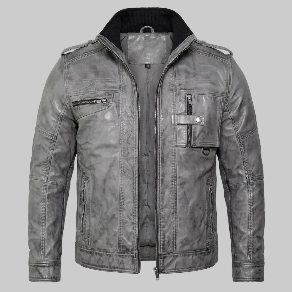 Sowachi Men's Grey Real Sheepskin Leather Military Inspired Jacket