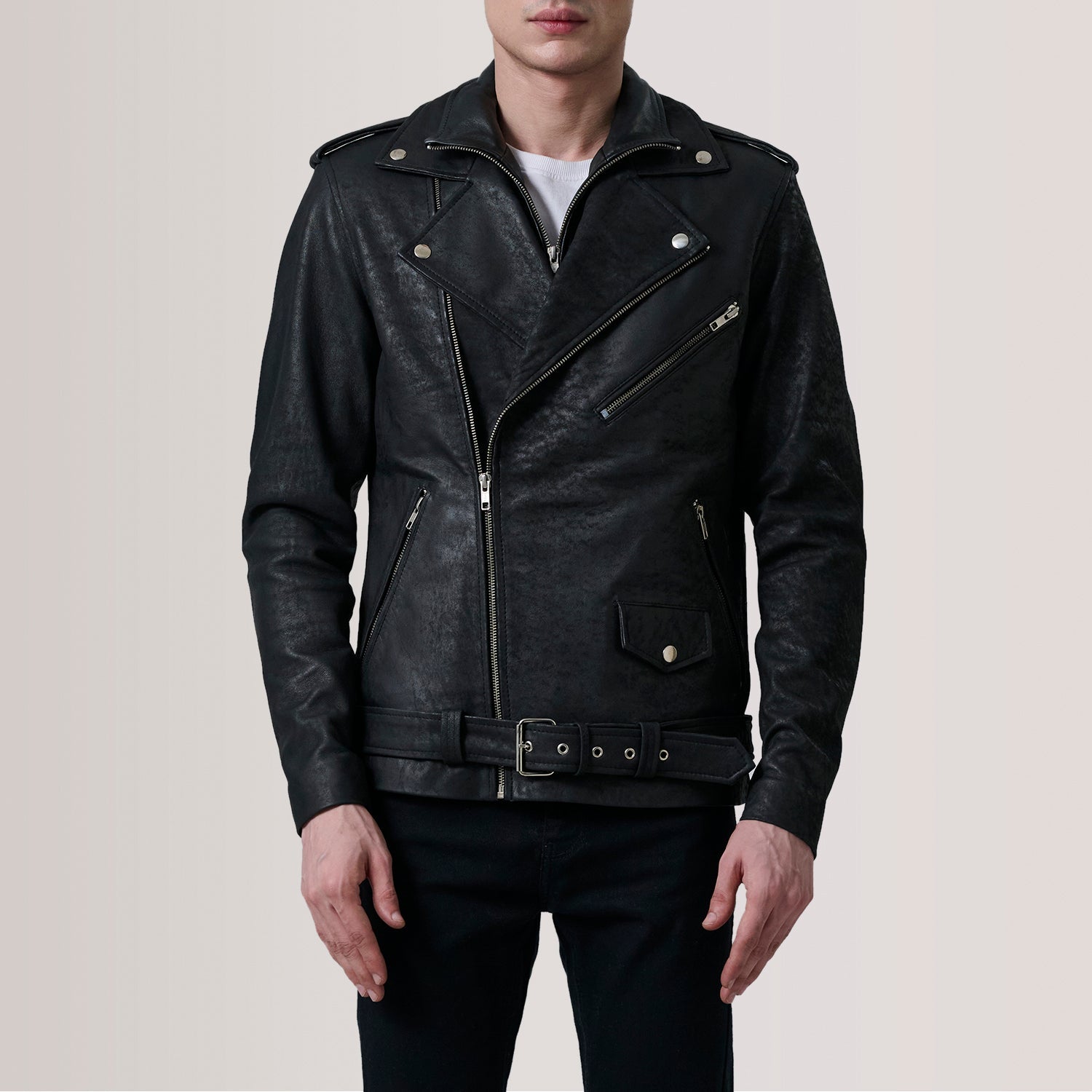 Sowachi Kole Distressed Black Leather Double Rider Jacket