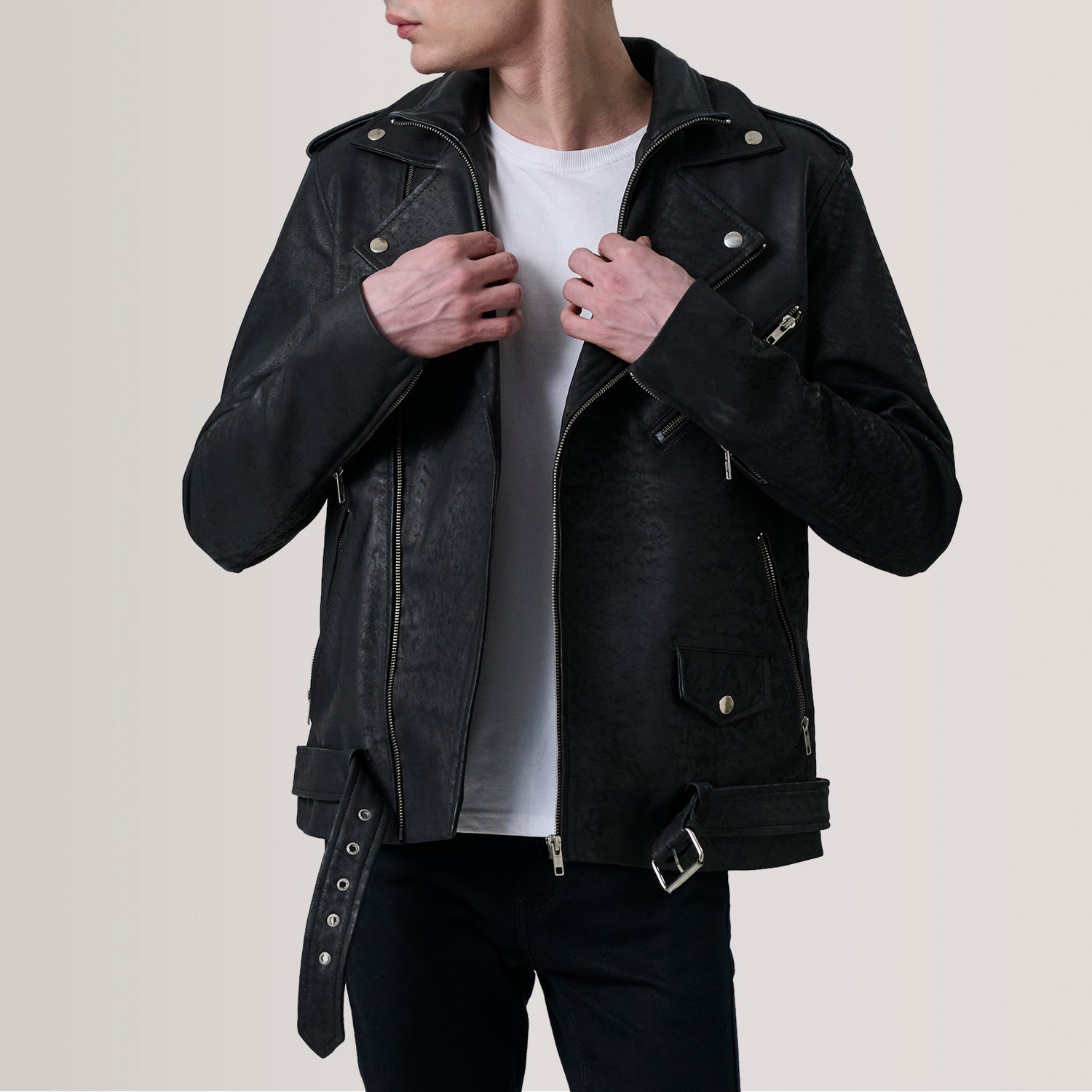 Sowachi Kole Distressed Black Leather Double Rider Jacket