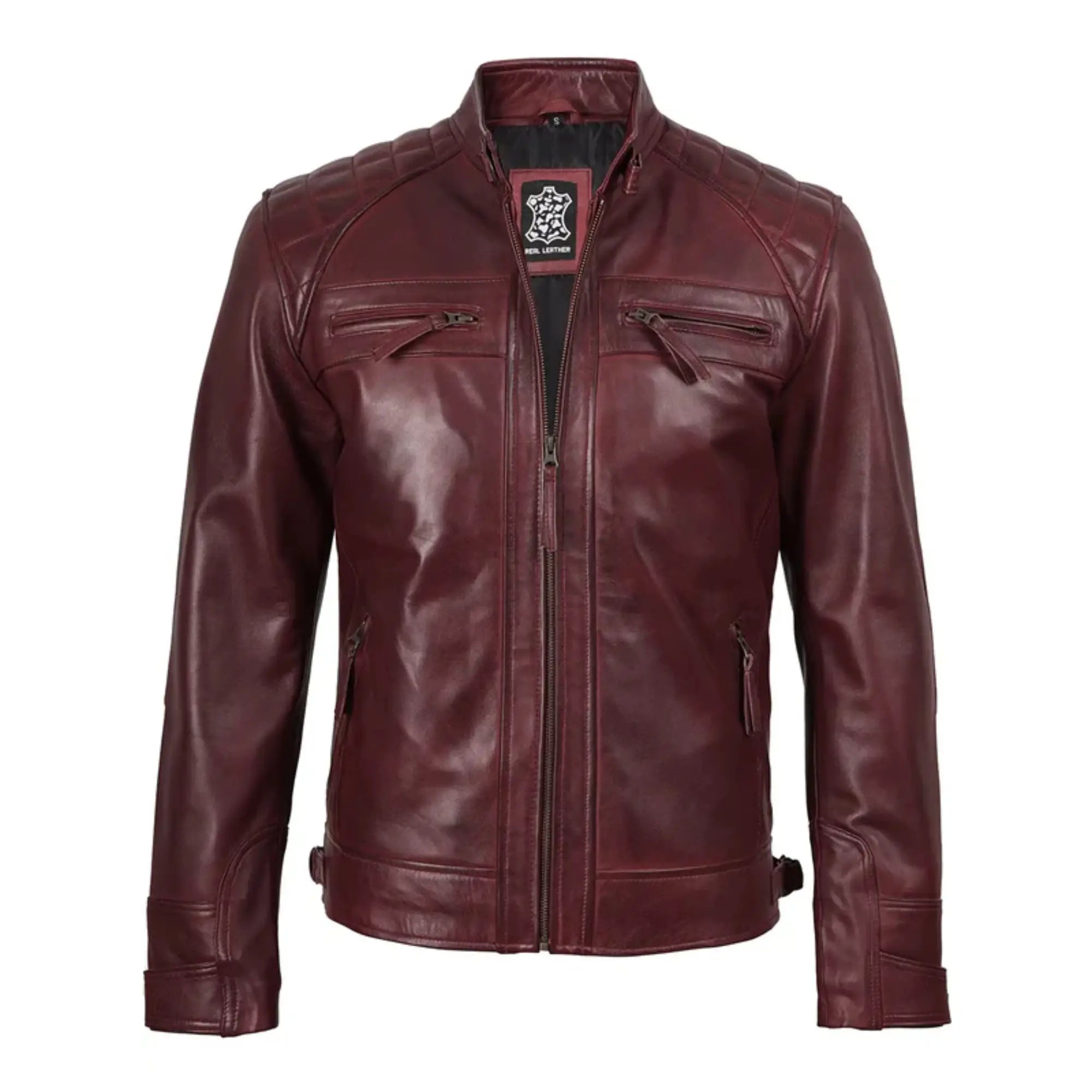 Sowachi Juluis - Men Maroon Quilted Biker Style Leather Jacket