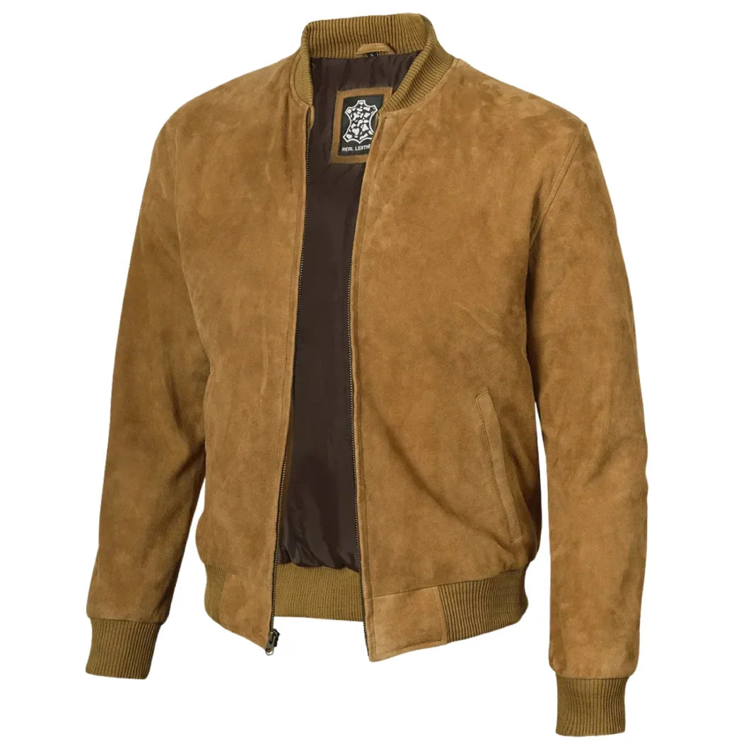 Sowachi Men's Light Brown Suede Leather Bomber Jacket