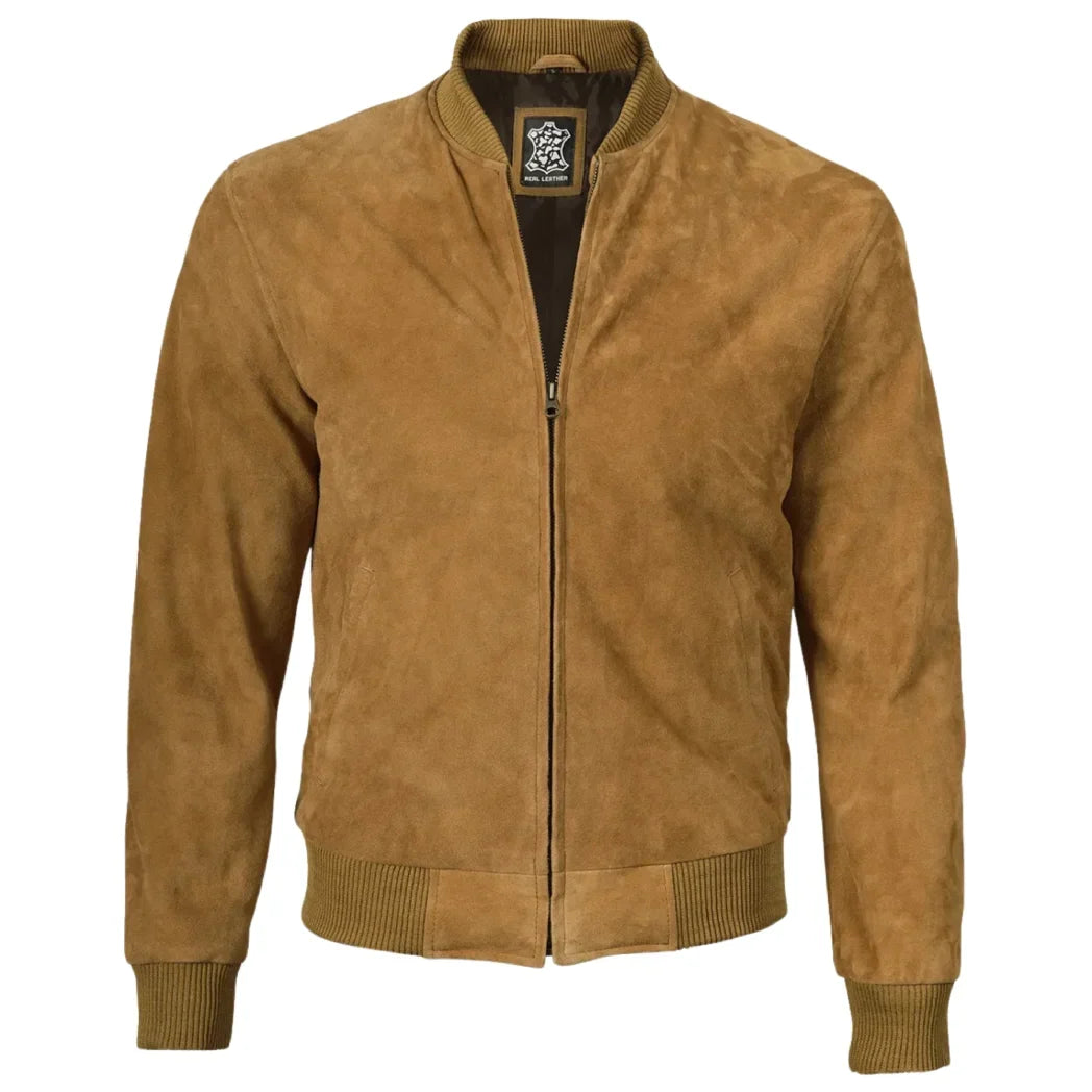 Sowachi Men's Light Brown Suede Leather Bomber Jacket
