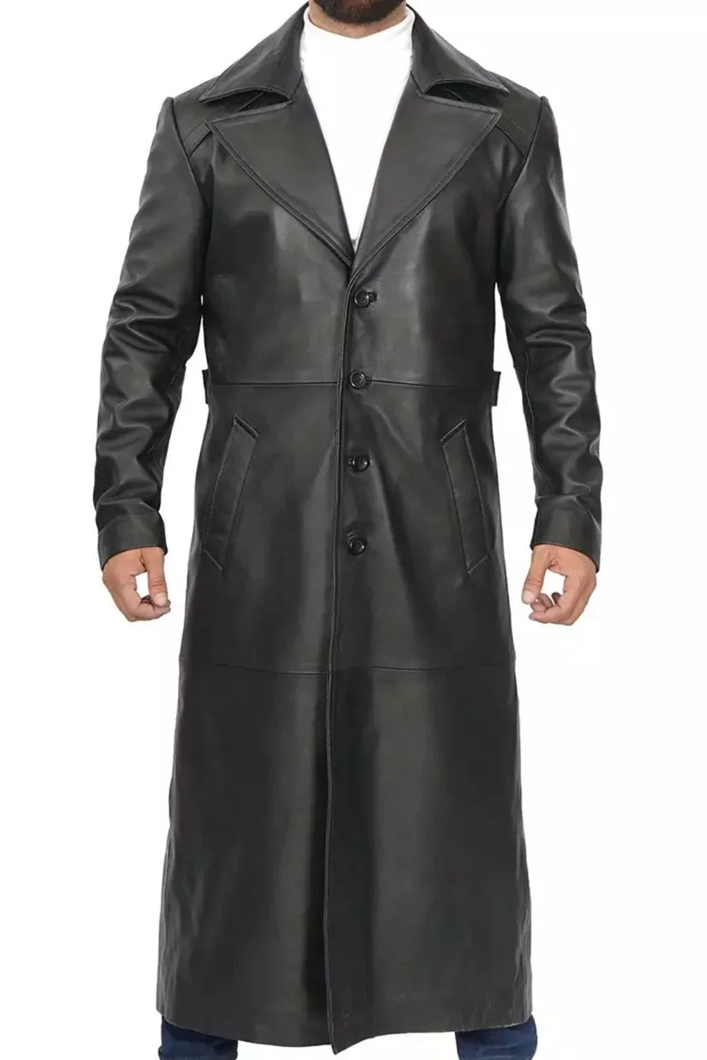 Sowachi Men's Long Black Leather Overcoat - Duster Coat