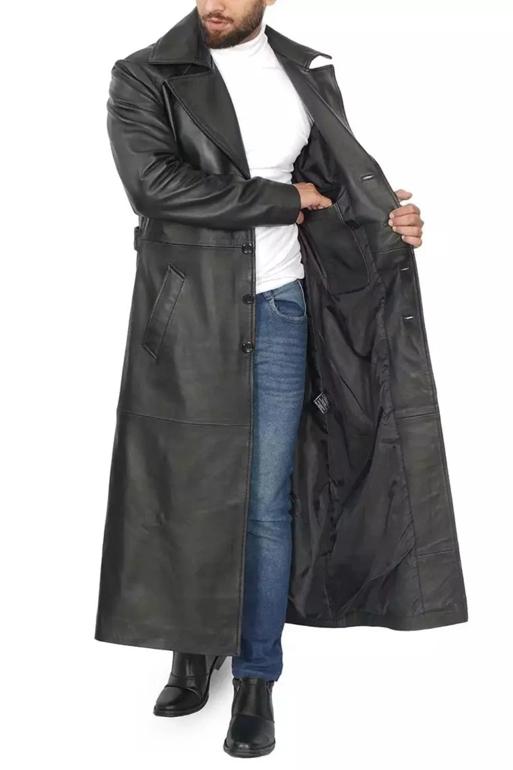 Sowachi Men's Long Black Leather Overcoat - Duster Coat