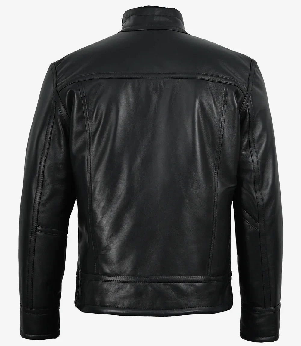 Sowachi Men's Premium Black Cafe Racer Leather Jacket with Fur Lining