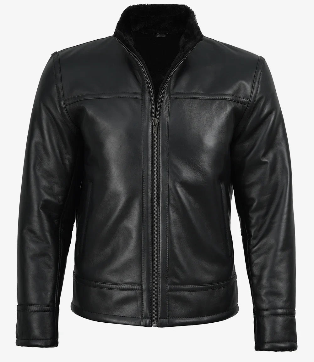 Sowachi Men's Premium Black Cafe Racer Leather Jacket with Fur Lining