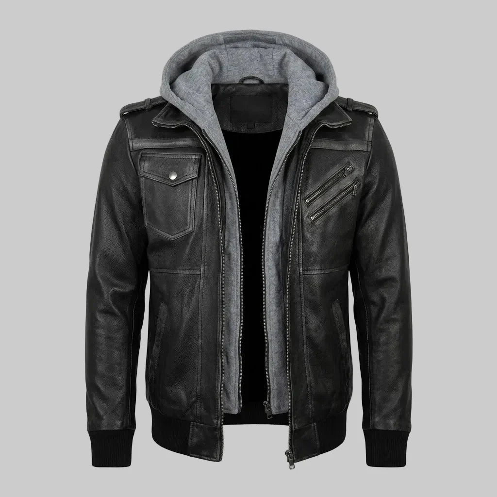 Sowachi Men's Real Sheepskin Black Leather Bomber Hooded Jacket