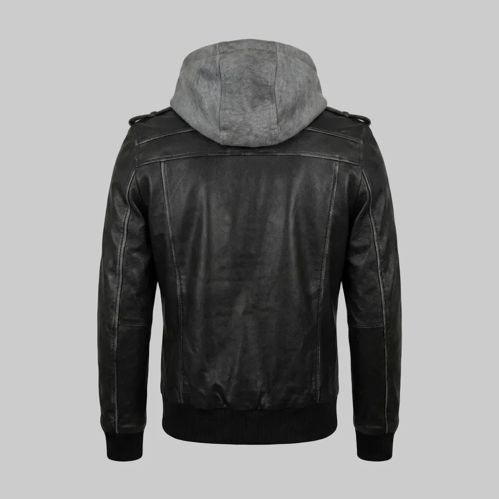 Sowachi Men's Real Sheepskin Black Leather Bomber Hooded Jacket