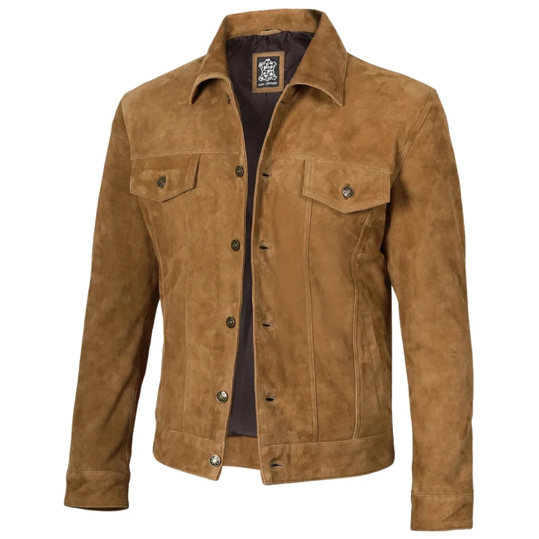 Sowachi Men's Real Suede Tan Button Down Leather Jacket