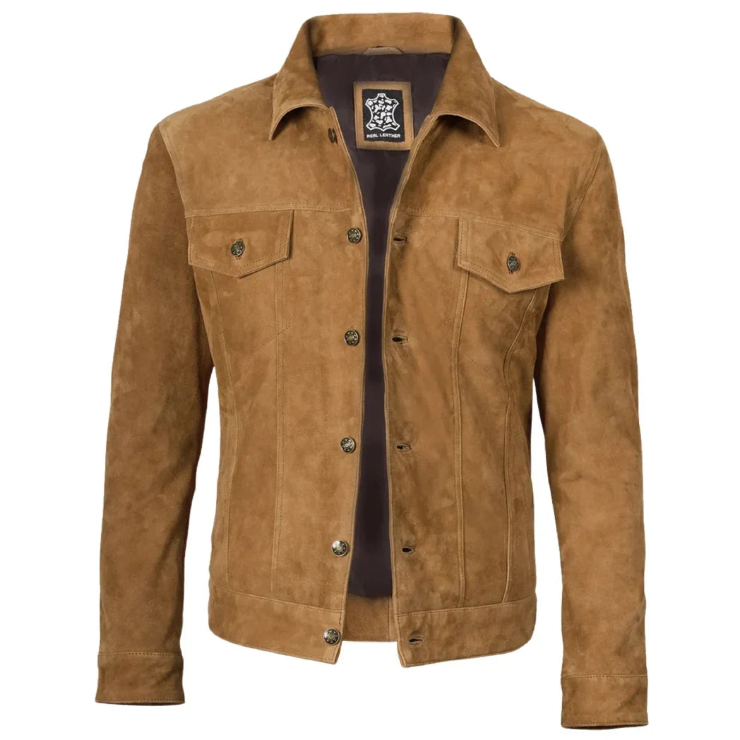 Sowachi Men's Real Suede Tan Button Down Leather Jacket