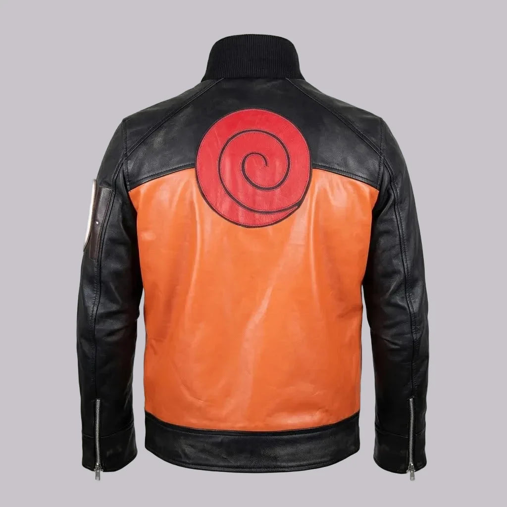 Sowachi Men's Sheepskin Black And Orange Anime Inspired Leather Jacket