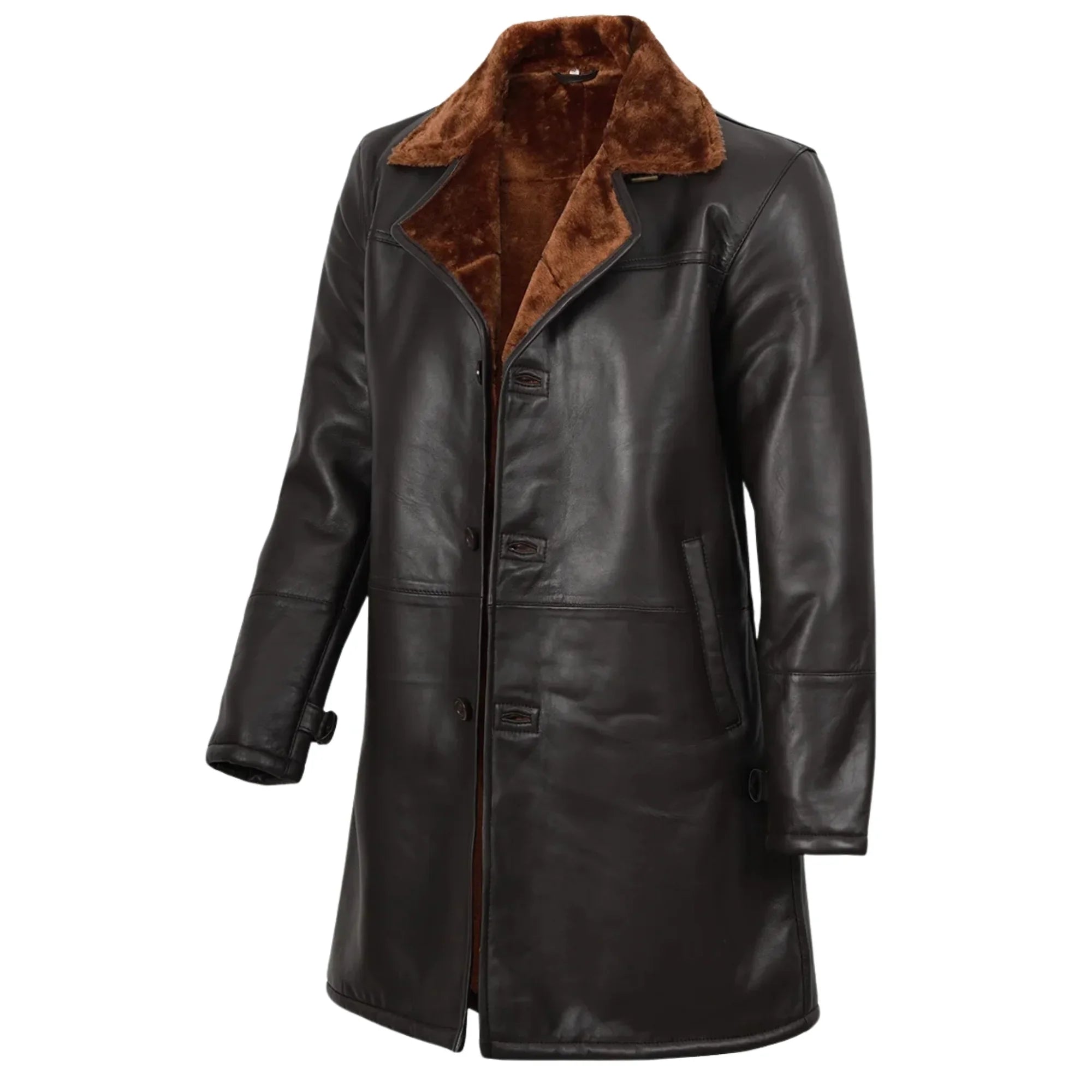 Sowachi Men's Sheepskin Leather 3/4 Length Dark Brown Shearling Coat