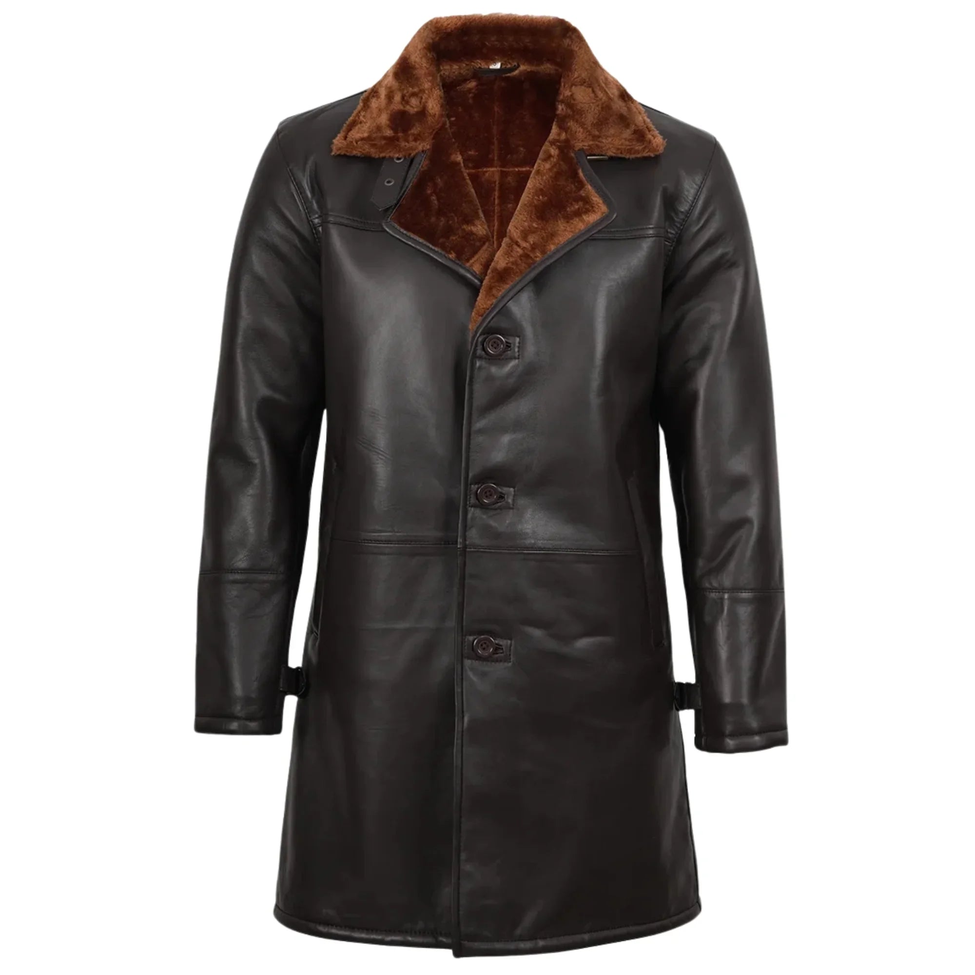 Sowachi Men's Sheepskin Leather 3/4 Length Dark Brown Shearling Coat