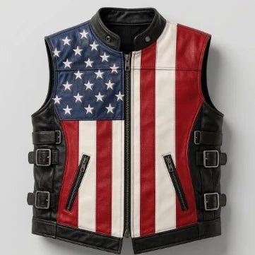 Sowachi Men's Sheepskin Leather American Flag Inspired Vest