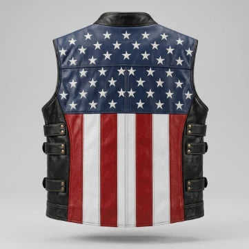 Sowachi Men's Sheepskin Leather American Flag Inspired Vest