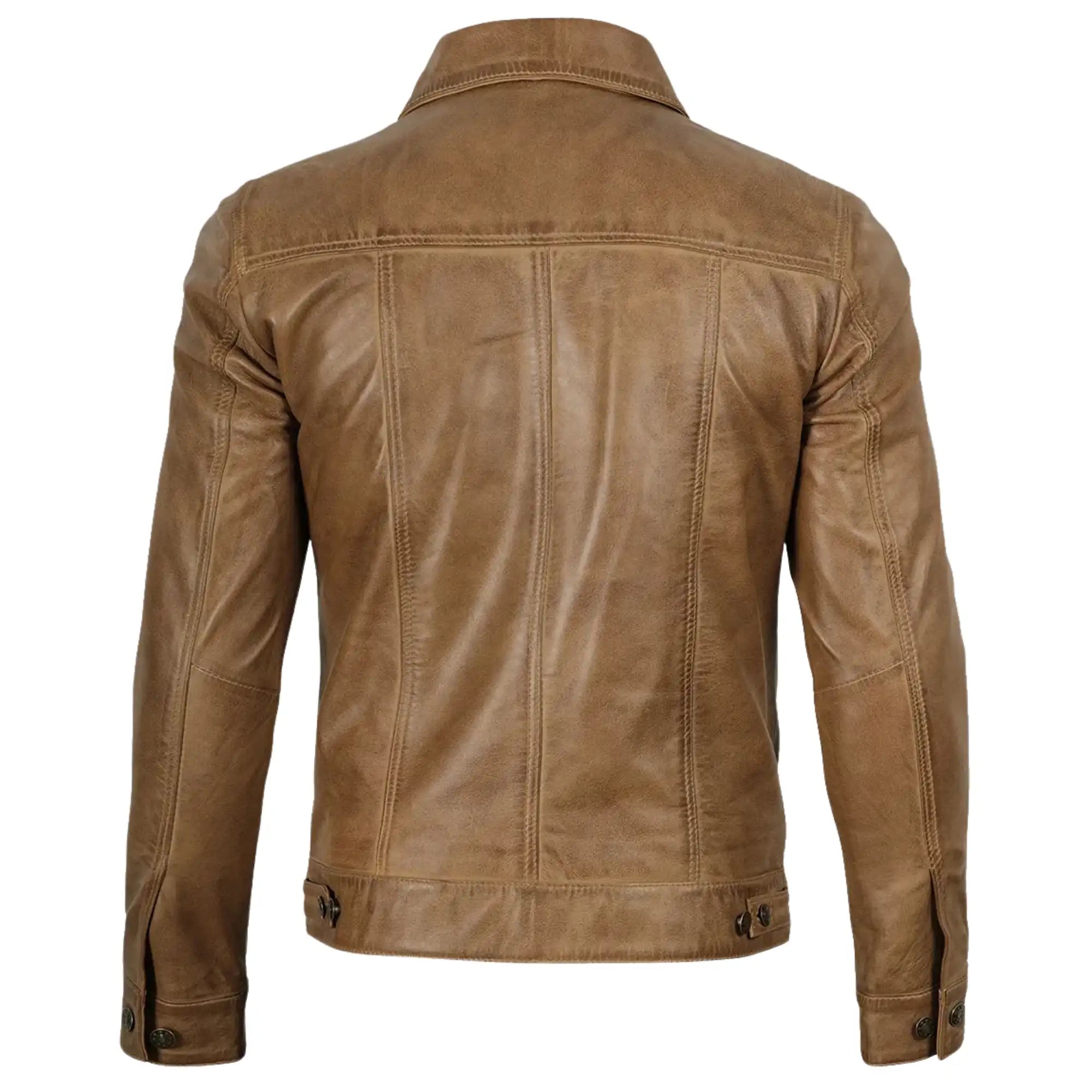 Sowachi Men's Sheepskin Leather Camel Brown Trucker Jacket
