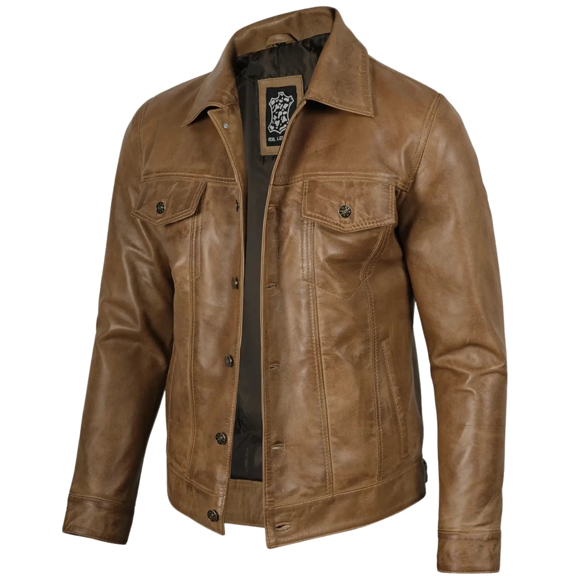 Sowachi Men's Sheepskin Leather Camel Brown Trucker Jacket