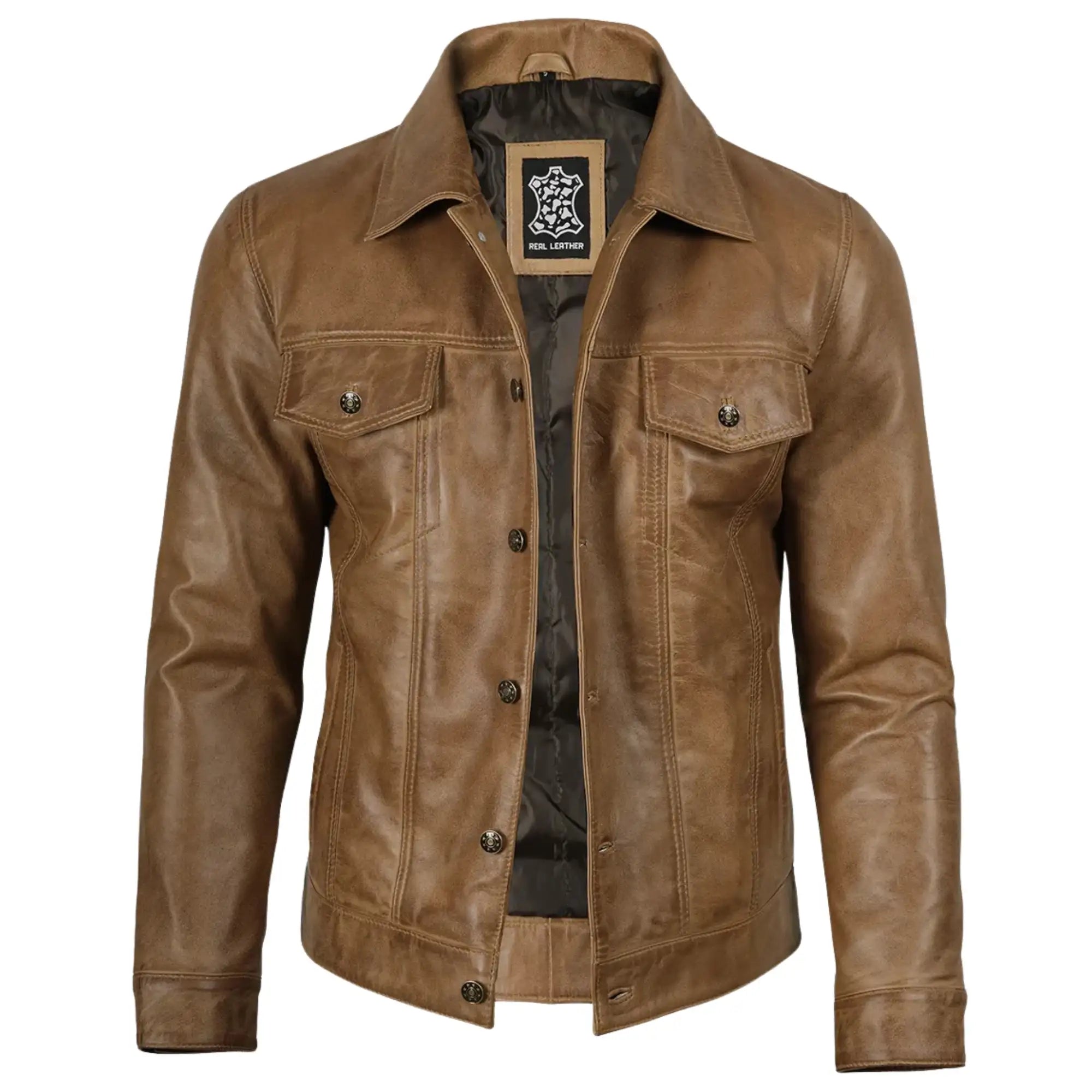 Sowachi Men's Sheepskin Leather Camel Brown Trucker Jacket