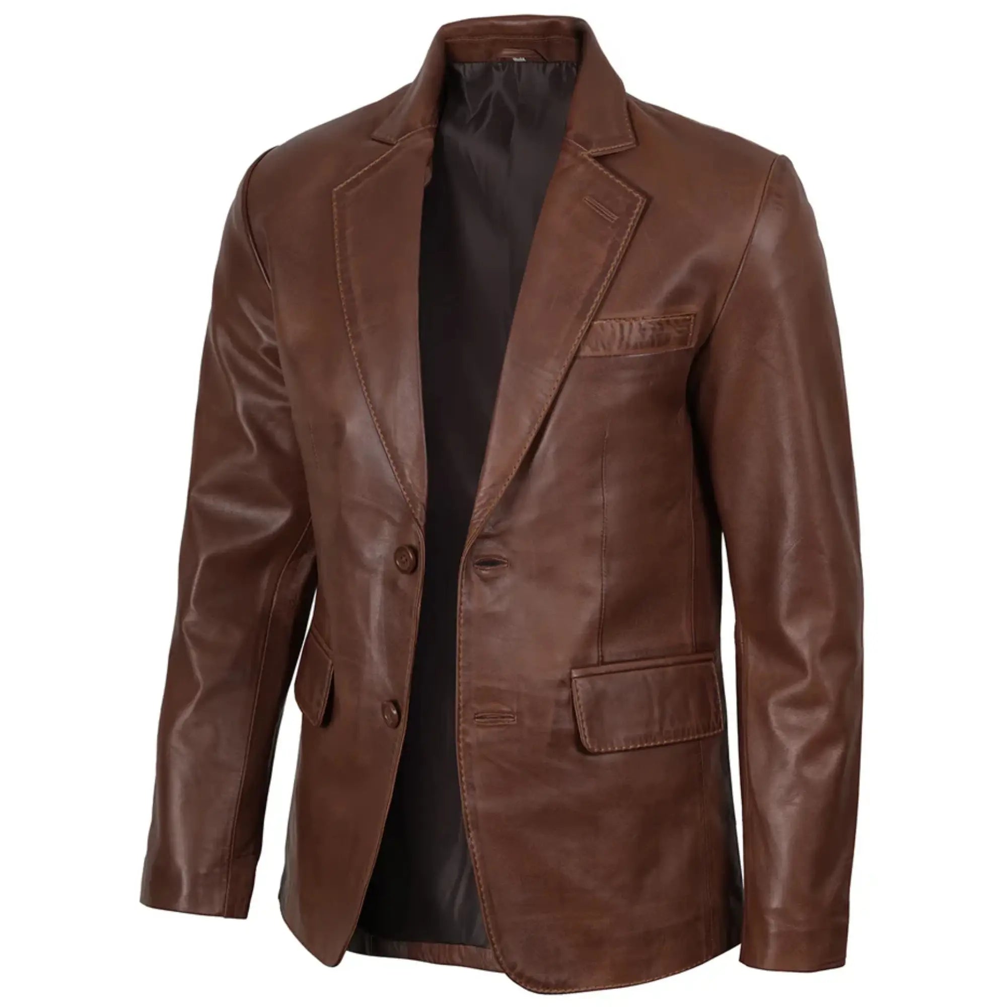 Sowachi Men's Two Button Brown Wax Leather Blazer