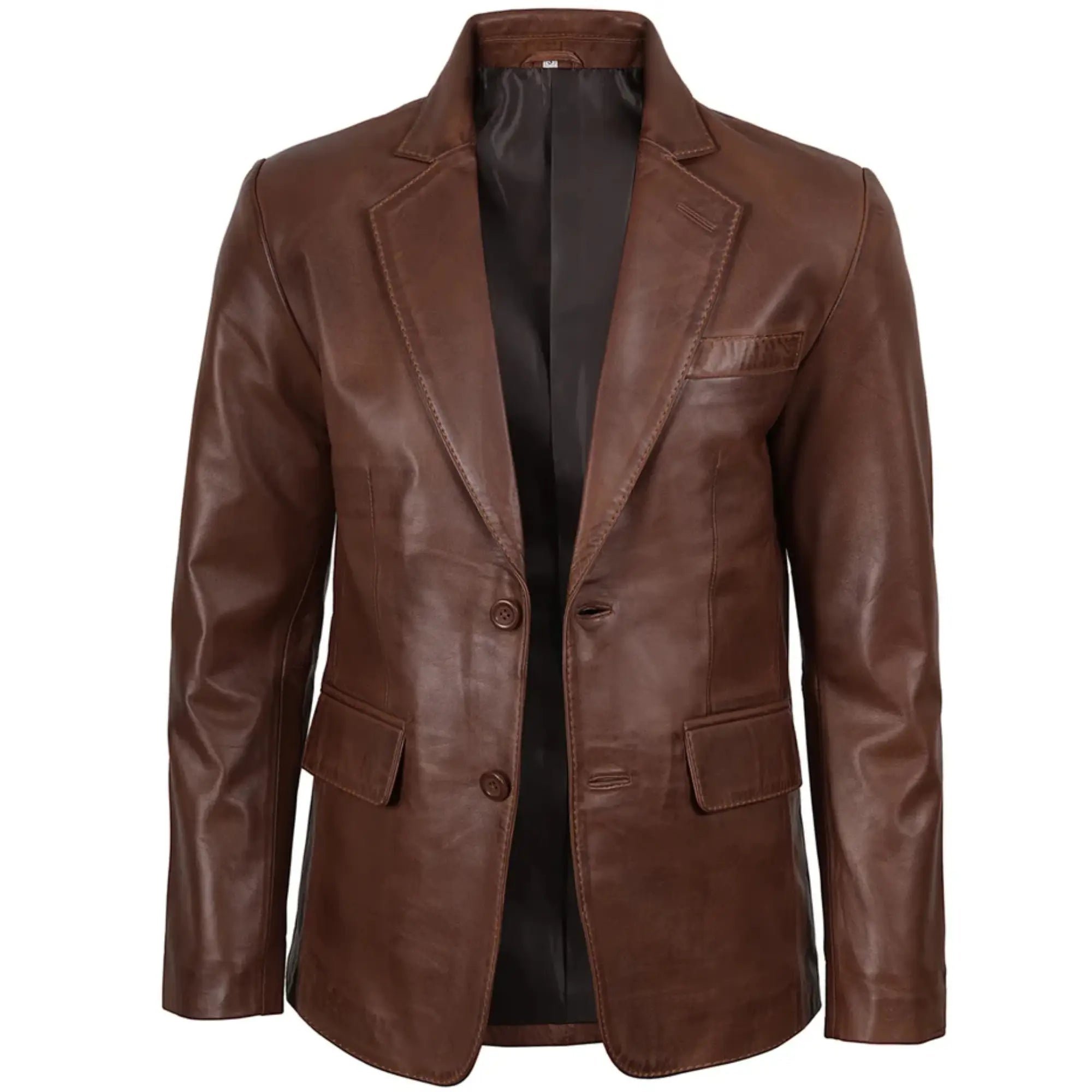 Sowachi Men's Two Button Brown Wax Leather Blazer