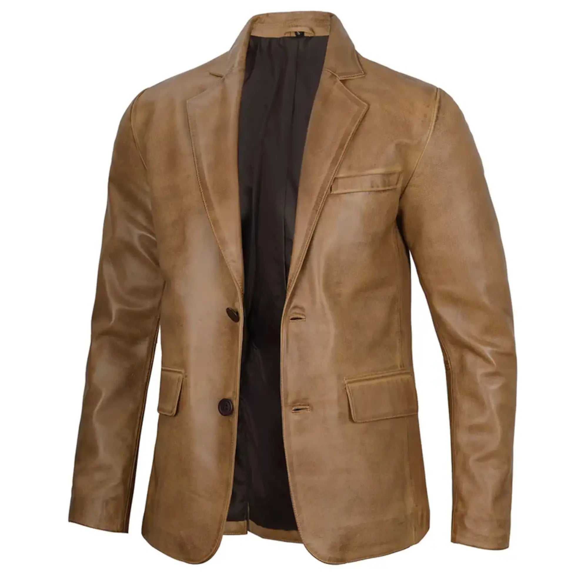 Sowachi Men's Two Button Camel Brown Leather Blazer