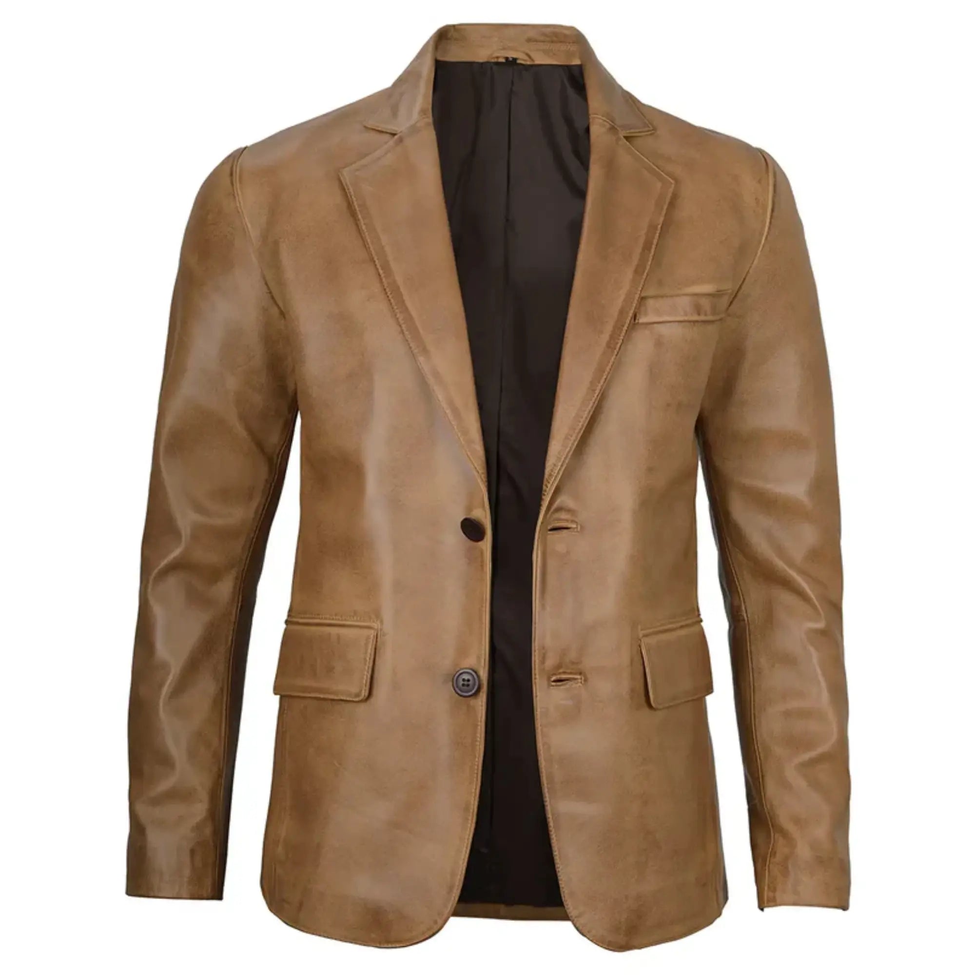 Sowachi Men's Two Button Camel Brown Leather Blazer
