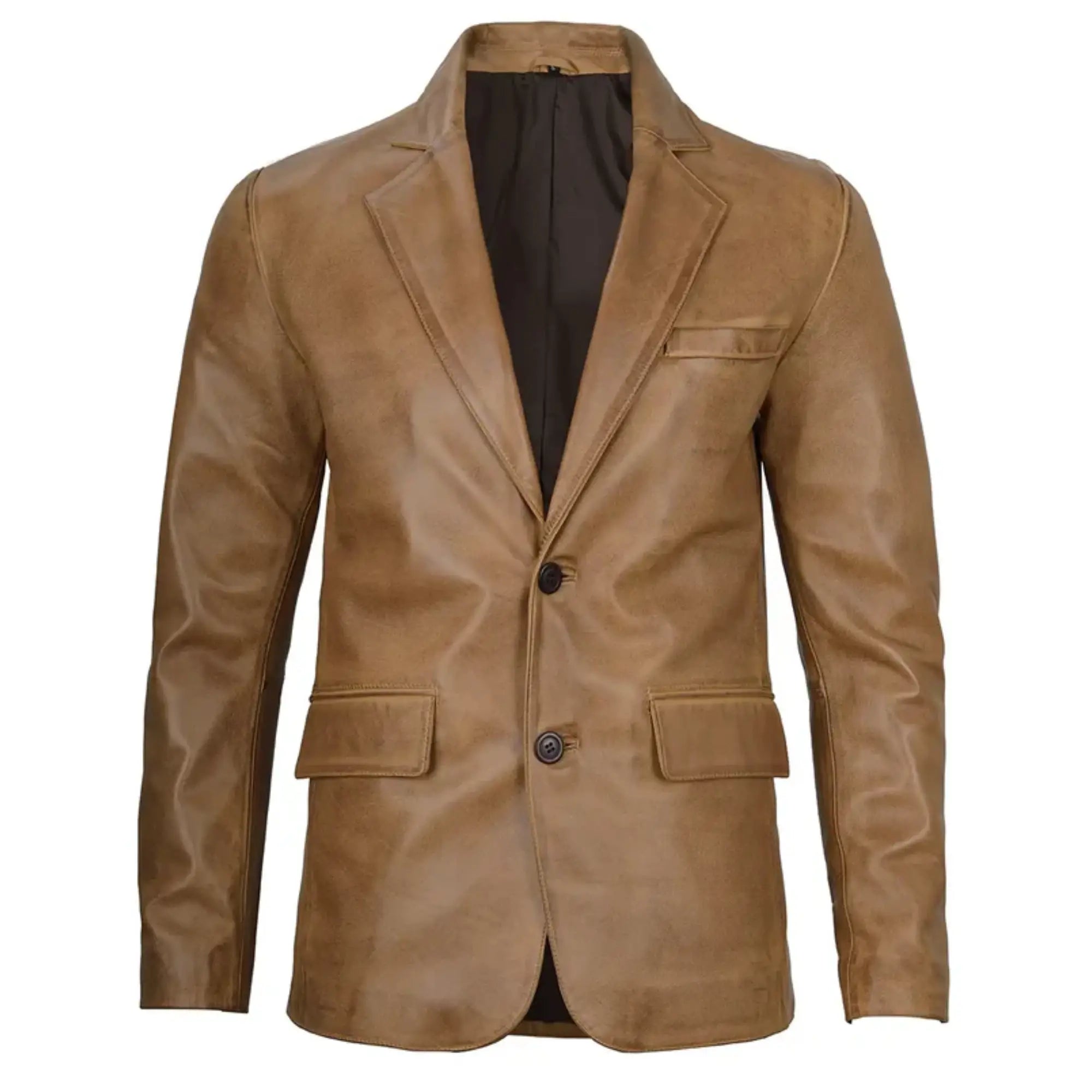 Sowachi Men's Two Button Camel Brown Leather Blazer