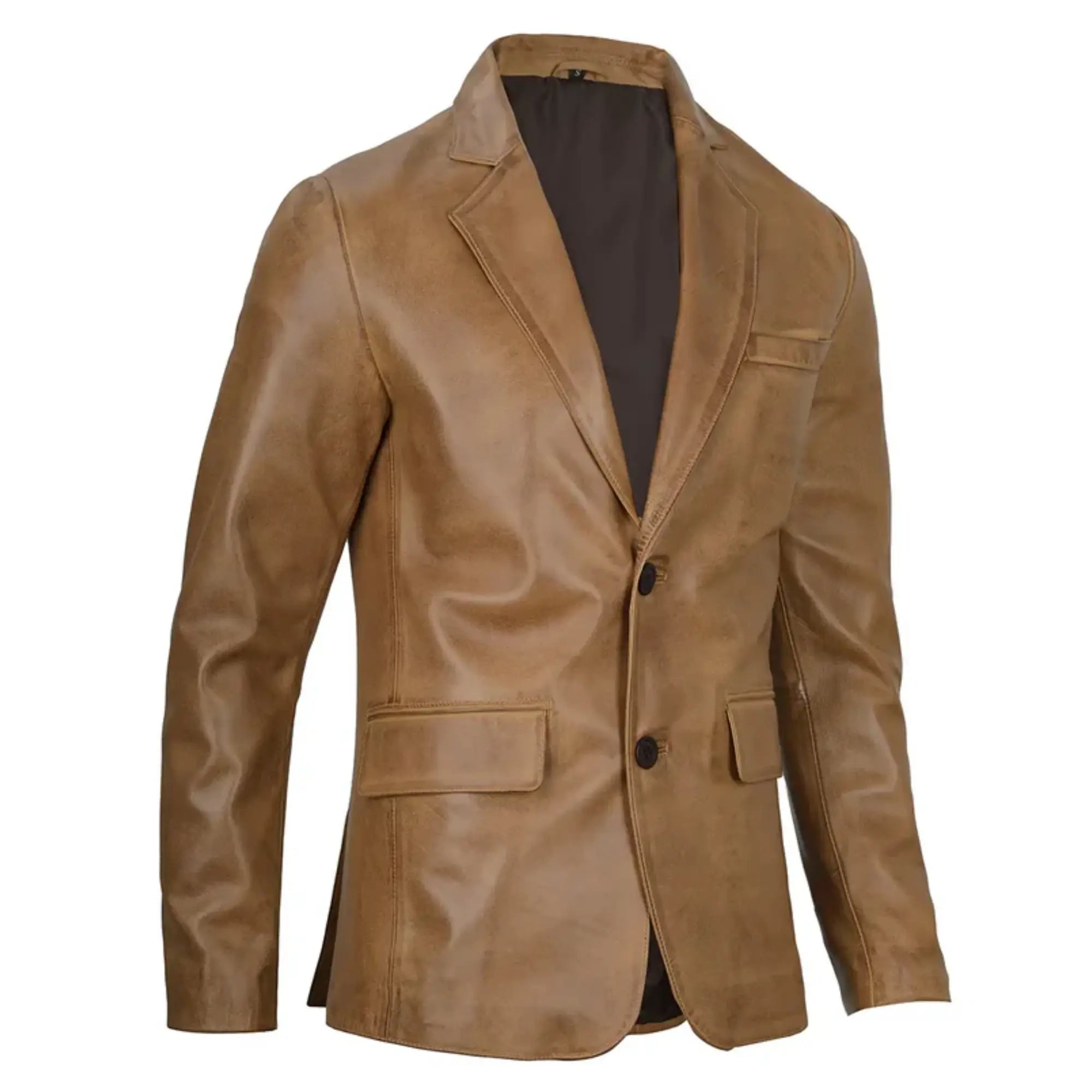 Sowachi Men's Two Button Camel Brown Leather Blazer