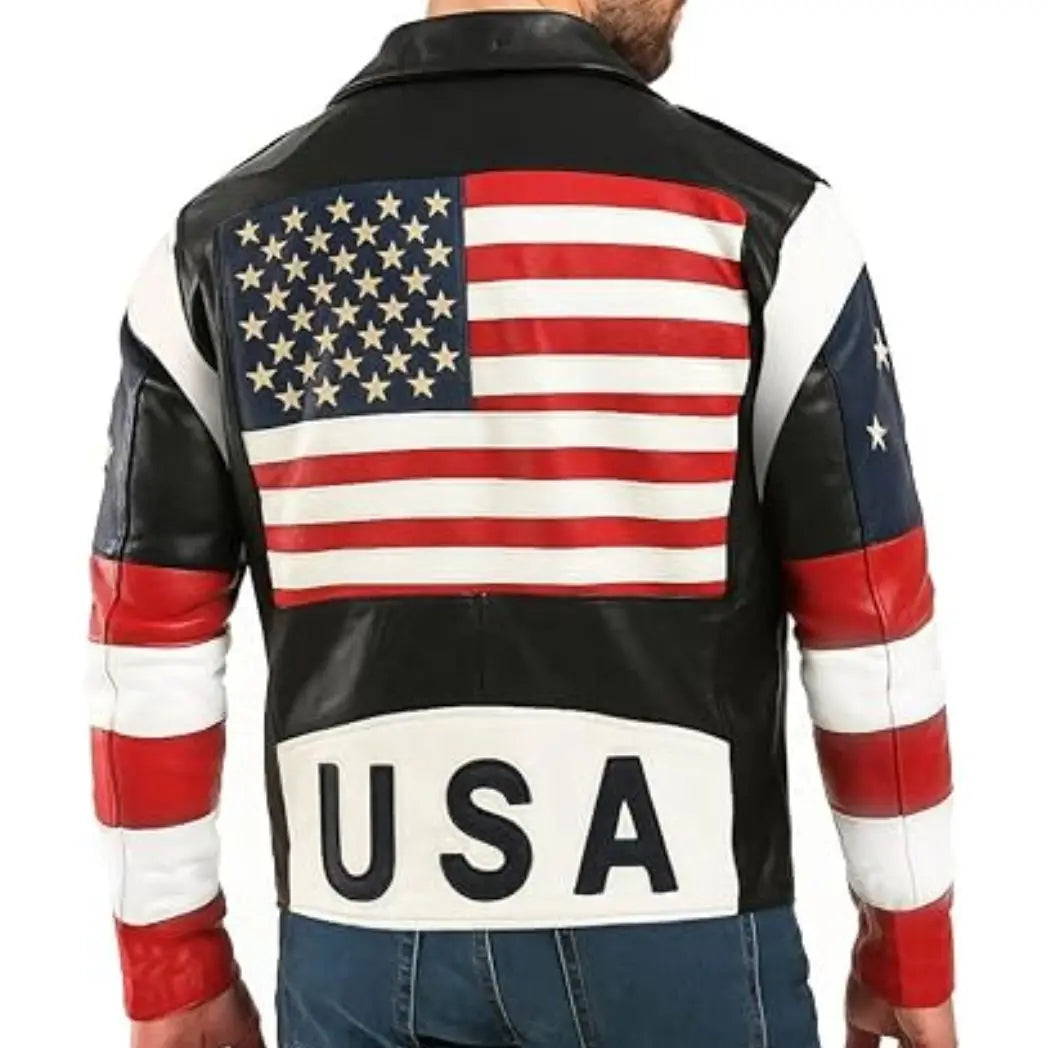 Sowachi Men's USA Flag Biker Sheepskin Leather Jacket