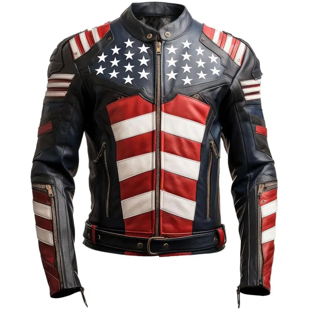 Sowachi Men's USA Flag Sheepskin Leather Biker Motorcycle Jacket