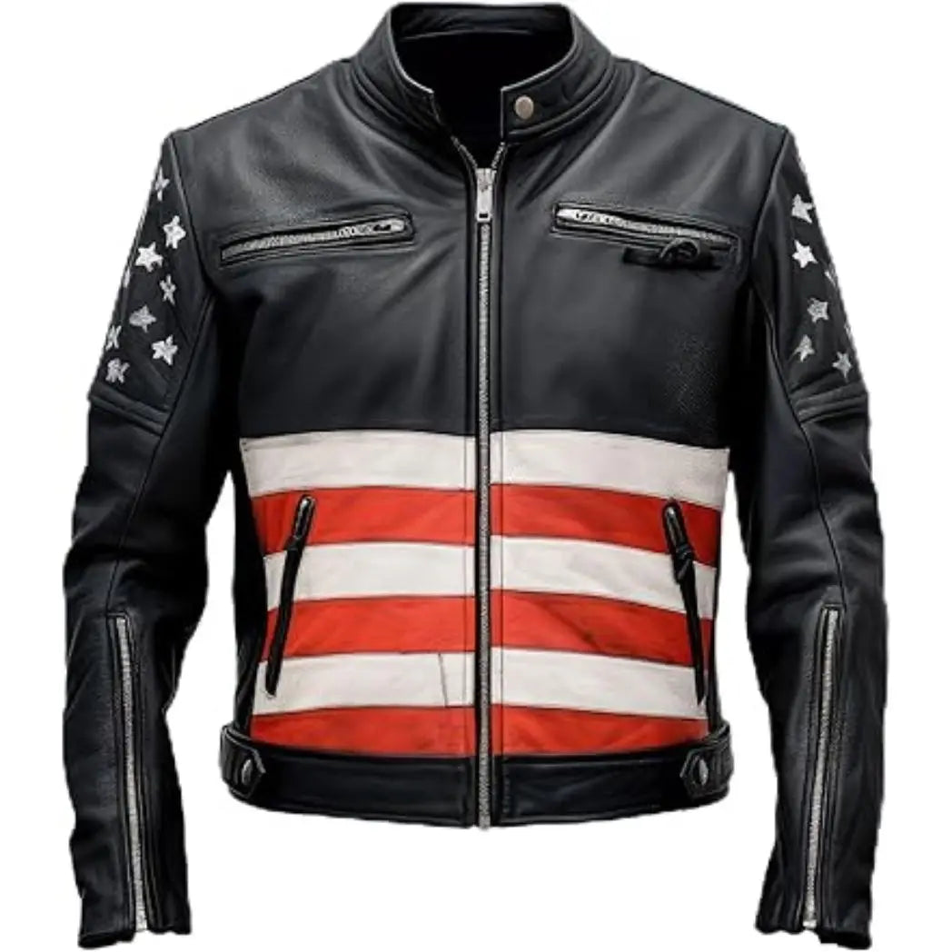 Sowachi Men's USA Flag Sheepskin Leather Rider Jacket
