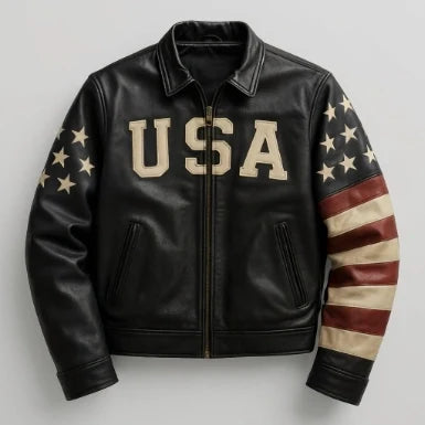 Sowachi Men's USA Patch Sheepskin Leather Jacket