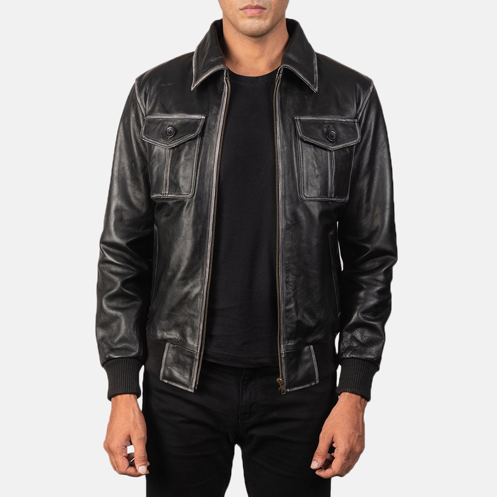 Sowachi Aaron Black Leather Bomber Jacket