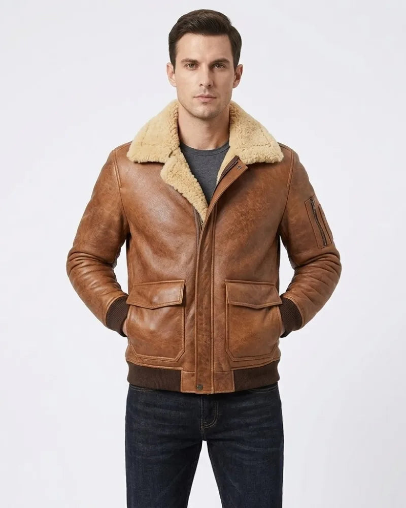 Sowachi Men’s Aviator Camel Brown B2 Fur Shearling Leather Jacket