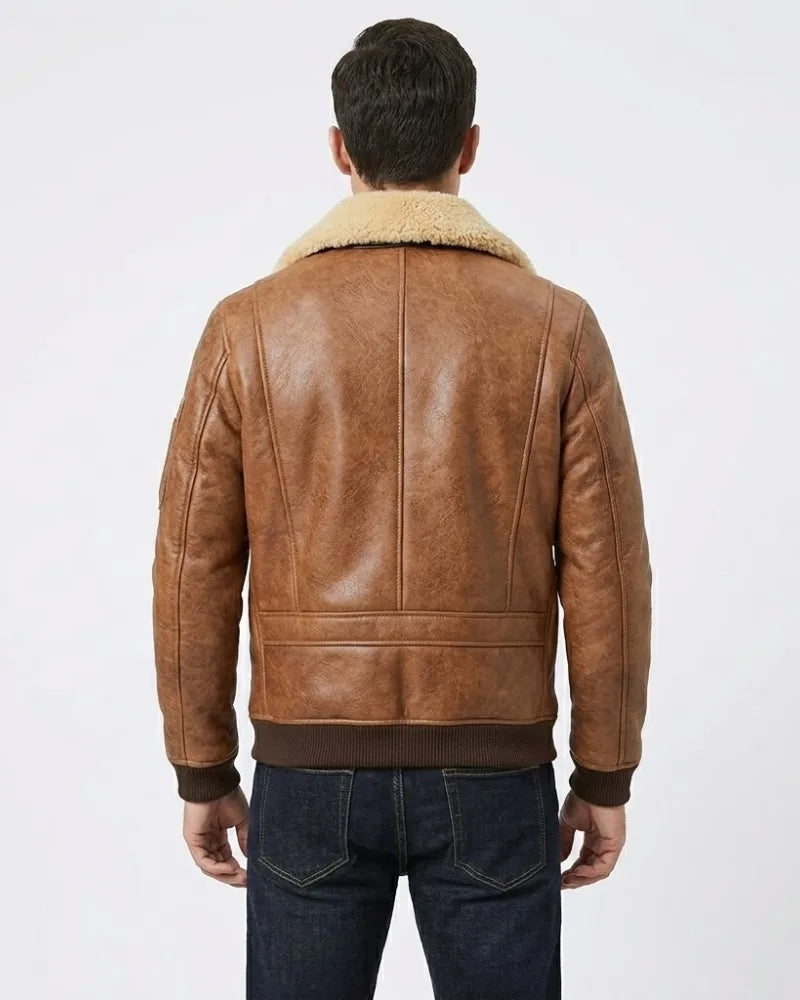 Sowachi Men’s Aviator Camel Brown B2 Fur Shearling Leather Jacket