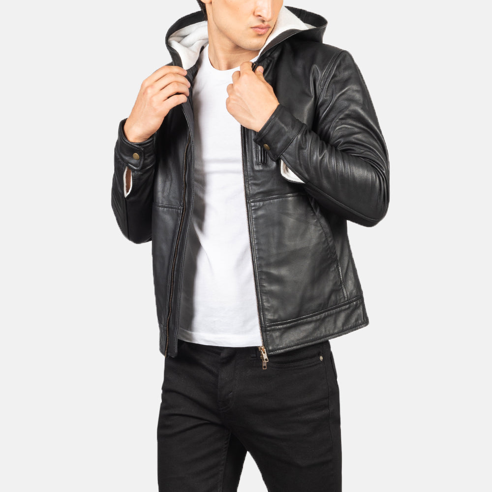 Sowachi Baston Black Hooded Leather Bomber Jacket