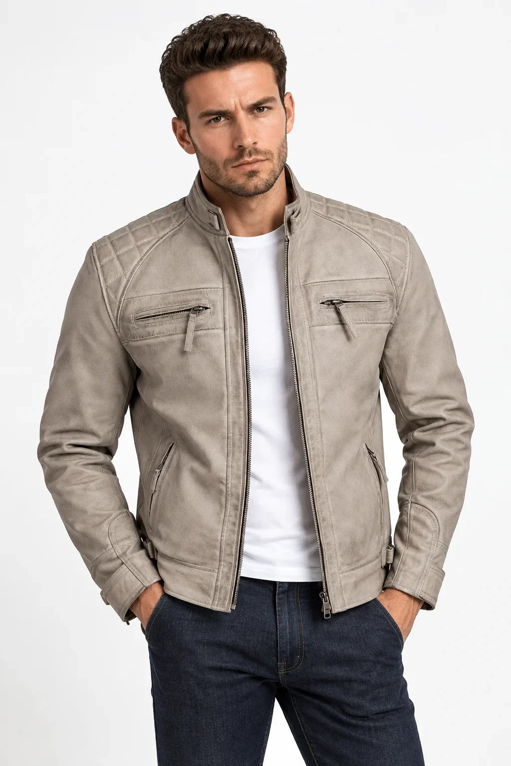 Sowachi Men's Beige Real Leather Biker Style Jacket