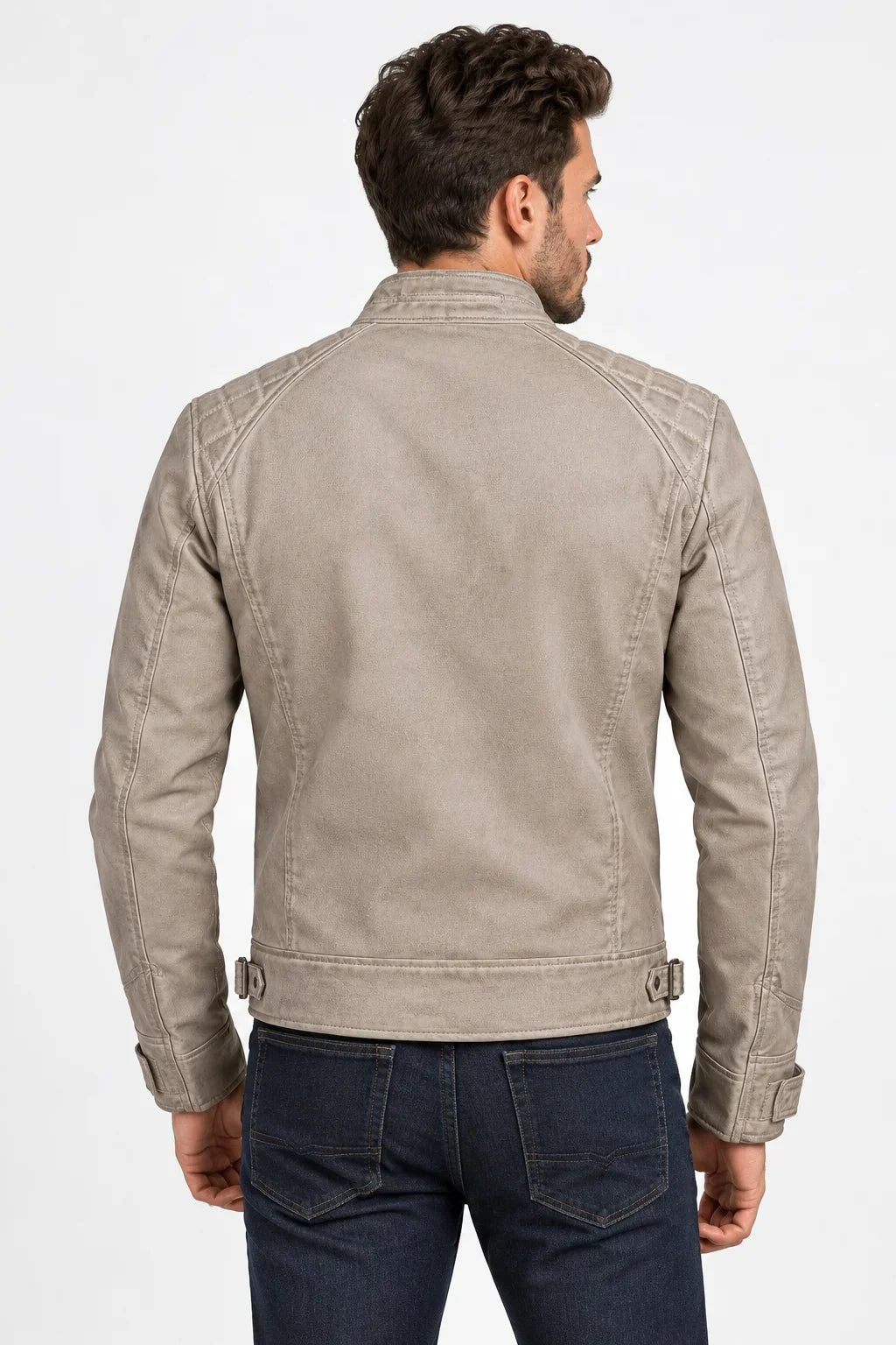 Sowachi Men's Beige Real Leather Biker Style Jacket