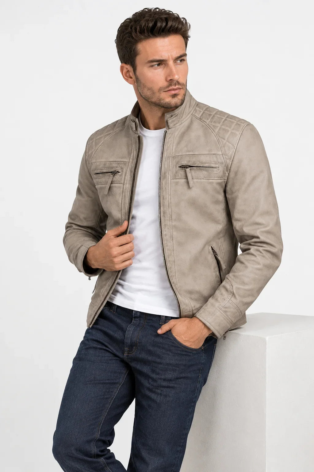 Sowachi Men's Beige Real Leather Biker Style Jacket