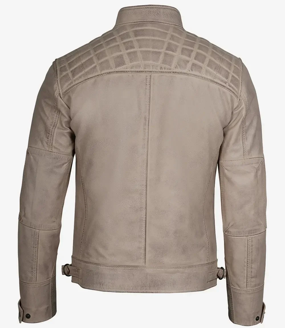Sowachi Men's Beige Real Leather Biker Style Jacket