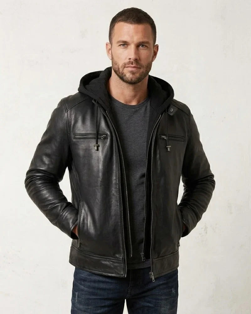 Waldren - Men's Black Biker Style Leather Jacket with Removable Hood