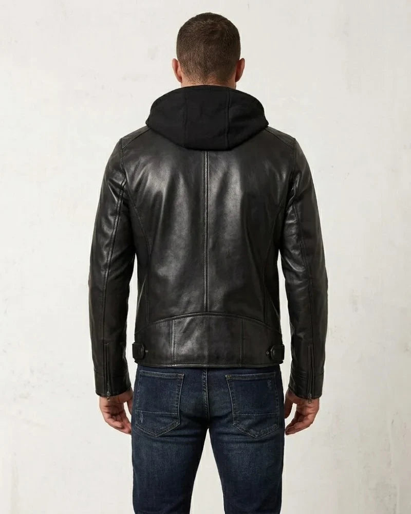 Waldren - Men's Black Biker Style Leather Jacket with Removable Hood