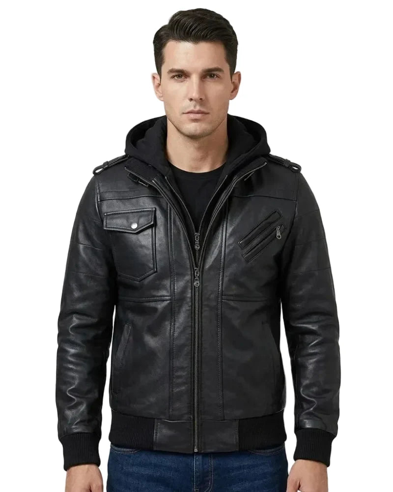 Sowachi Gabriel - Men's Black Bomber Leather Jacket With Removable Hood
